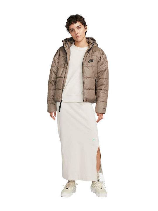 Women's Short Puffer Jacket for Winter with Hood Brown