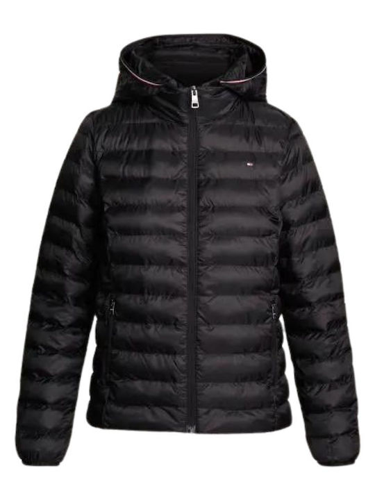 Women's Short Puffer Jacket for Winter with Hood Black