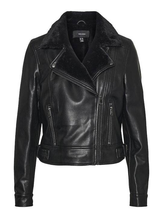 Women's Short Biker Artificial Leather Jacket for Winter Black / Beige
