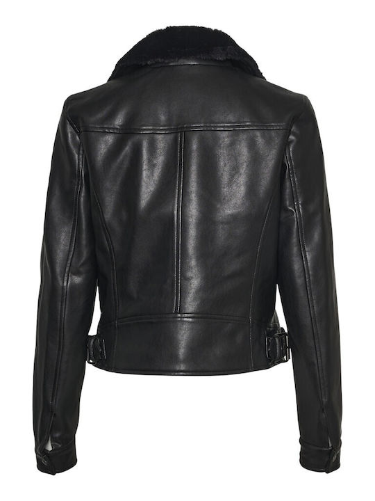 Women's Short Biker Artificial Leather Jacket for Winter Black / Beige