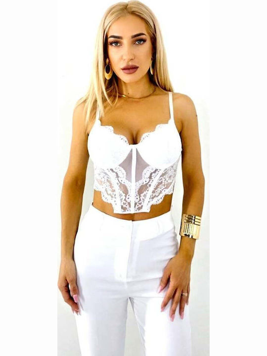 Bluza Corset Cu Bretele Și Dantelă Floral Albă