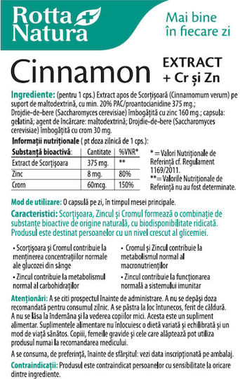 Extract de Scorțișoară Scorțișoară + Crom Zinc Rotta Natura 90 Capsule