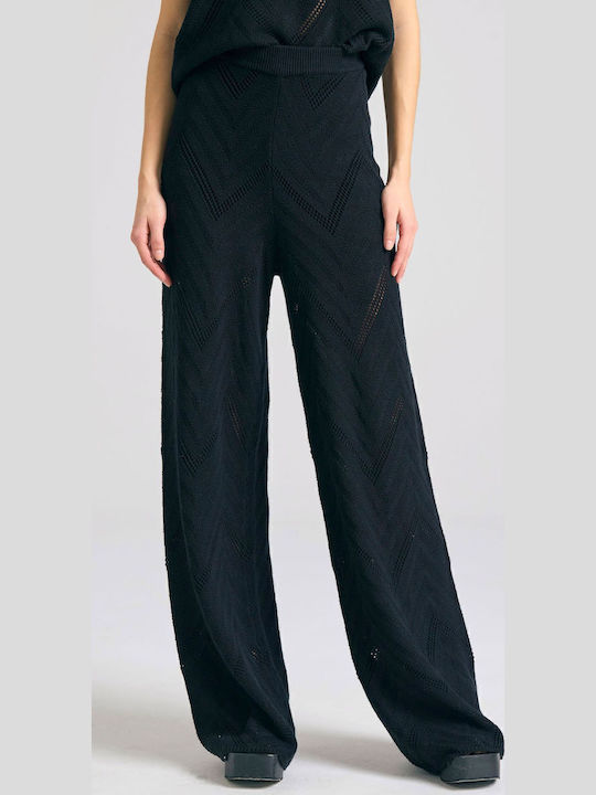 Damen Hoch tailliert Stoff Hose mit Gummizug Schwarz