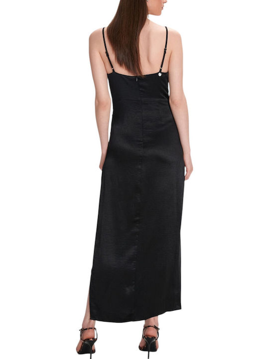 Summer Maxi Evening Satin Slip Dress with Lace Black