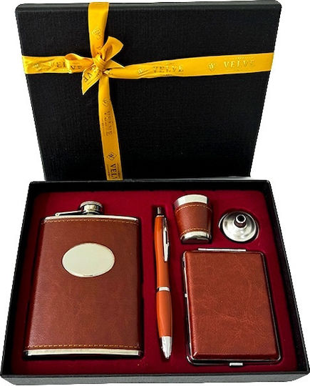 Vlv Herren Geschenkset 5 Teile Trinkflasche Stift Glas Trichter Zigarettenetui Braune