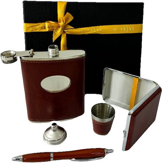 Vlv Herren Geschenkset 5 Teile Trinkflasche Stift Glas Trichter Zigarettenetui Braune