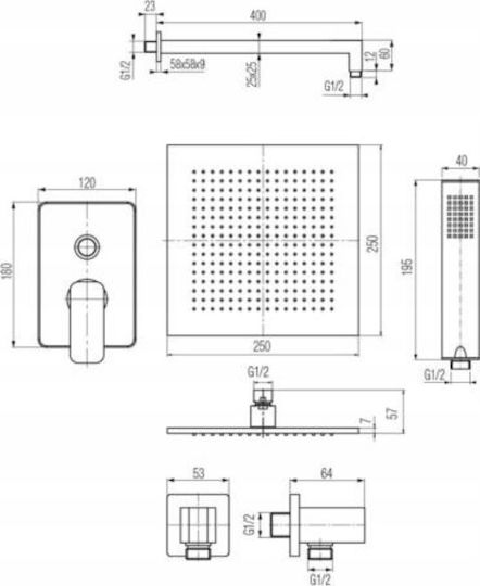 Σετ Μίκτης & Κεφαλή Ντουζ Εντοιχισμού για Ντουζιέρα Χρυσό