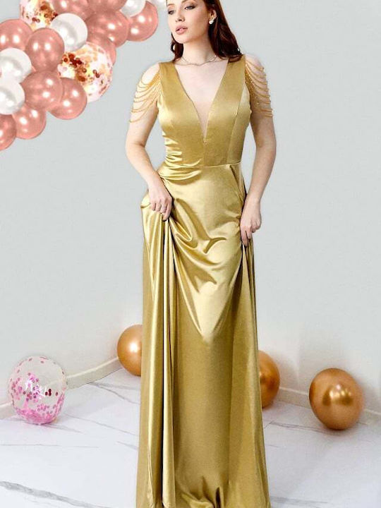 Satin Mit Tüll Damenkleid Abend Gold