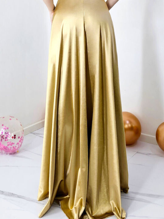 Sommer Maxi Abendkleid Satin mit Tüll Gold