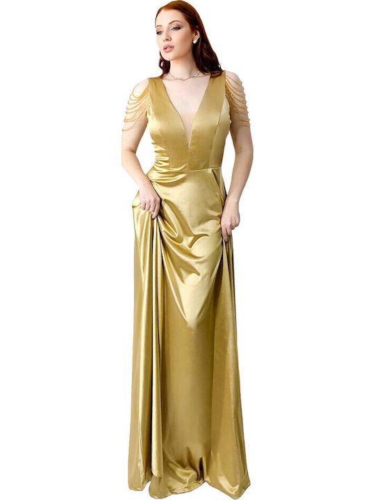 Sommer Maxi Abendkleid Satin mit Tüll Gold
