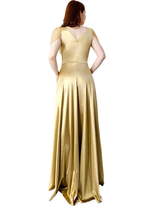 Sommer Maxi Abendkleid Satin mit Tüll Gold
