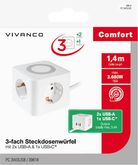 Vivanco PowerCube 3 Positions with 2 USB-A, 1 USB-C and Cable 1.4m