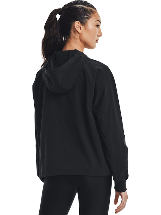 Women's Short Sports Jacket Waterproof and Windproof for Spring or Autumn with Hood Black