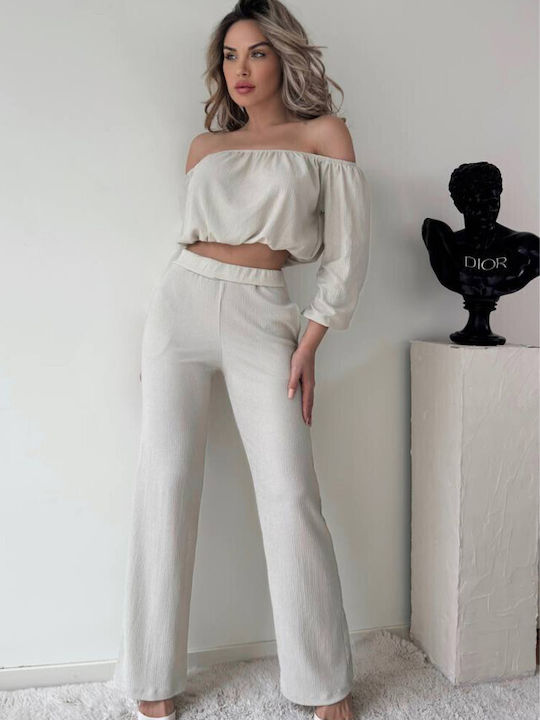 Women's Cream Set with Trousers Loose Fit Striped