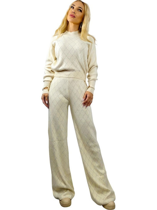 Women's Cream Set with Pants in Relaxed Fit Leopard with Sequins
