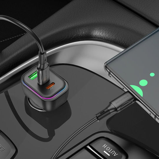 Borofone Auto-Ladegerät 60W 3A Schnellladung mit Anschlüssen: 1xUSB 2xType-C Schwarz Farbe