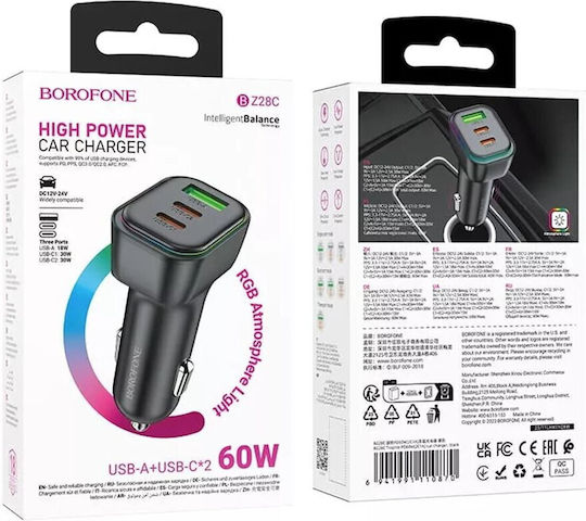 Borofone Auto-Ladegerät 60W 3A Schnellladung mit Anschlüssen: 1xUSB 2xType-C Schwarz Farbe