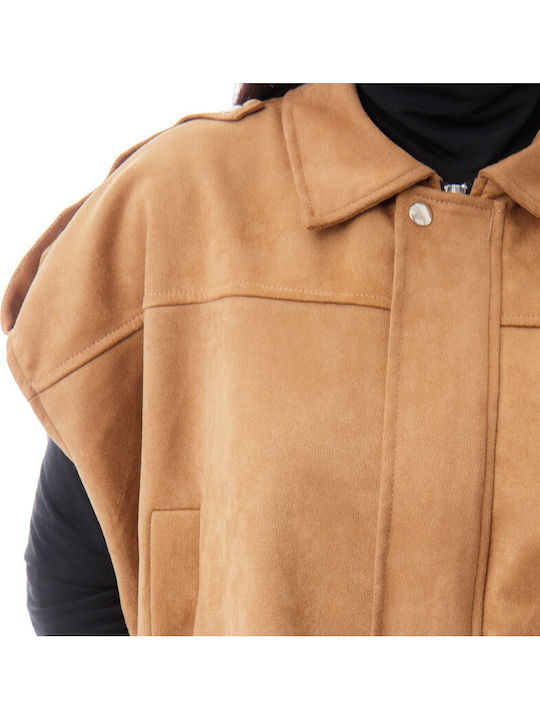 Suede Γυναικείο Αμάνικο Μπουφάν για Χειμώνα Camel