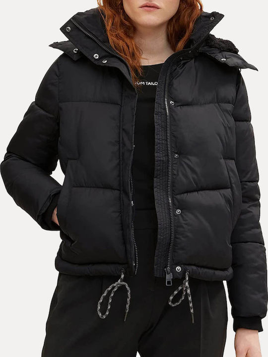 Arctic Women's Short Puffer Jacket for Winter with Detachable Hood Black
