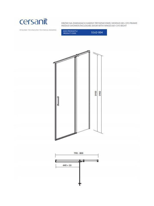 Cersanit Kabine für Dusche mit Aufklappbar Tür 80x195cm
