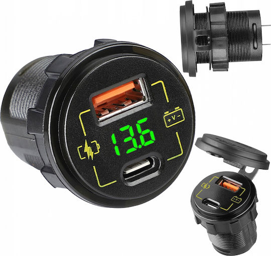 Blow Auto-Ladegerät 4A mit Anschlüssen: 1xUSB 1xType-C und Voltmeter Schwarz Farbe