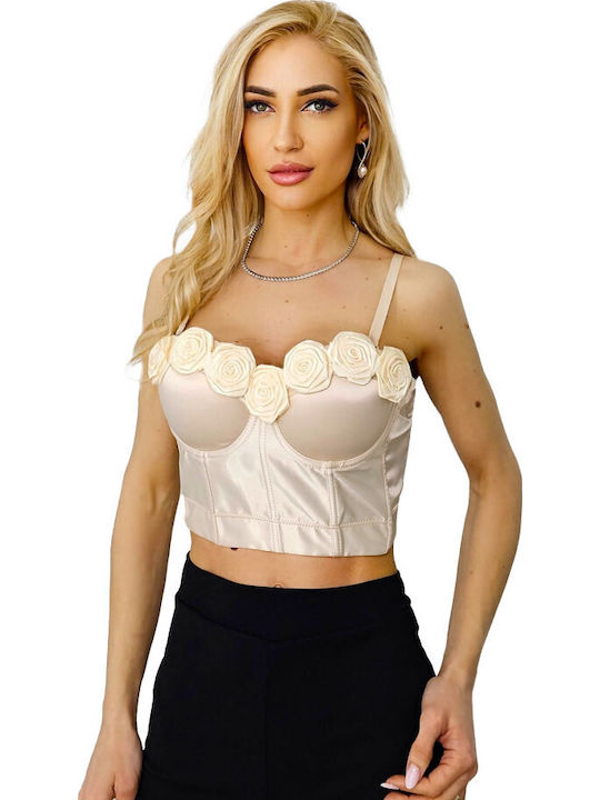 Damen Korsett Bluse Blumen Ecru