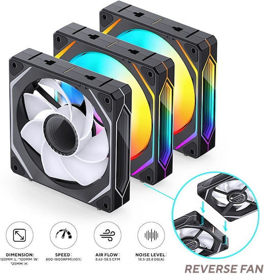 Jonsbo ZL-120BR Reverse Blade Case Fan 1800rpm 58.5cfm with ARGB Lighting and 4-Pin PWM Connection 3pcs