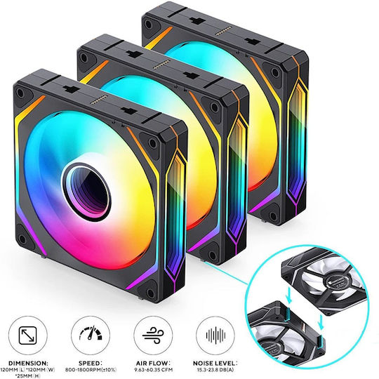 Jonsbo ZL-120B Case Fans (1800rpm / 60.35cfm) with ARGB Lighting and 4-Pin PWM Connection Pack of 3
