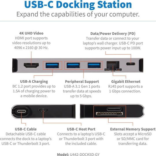 Eaton USB-C Docking Station with HDMI 4K PD Ethernet Gray (U442-DOCK5D-GY)