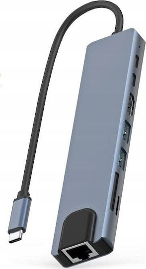 8 σε 1 USB-C Docking Station mit HDMI 4K PD Ethernet Gray