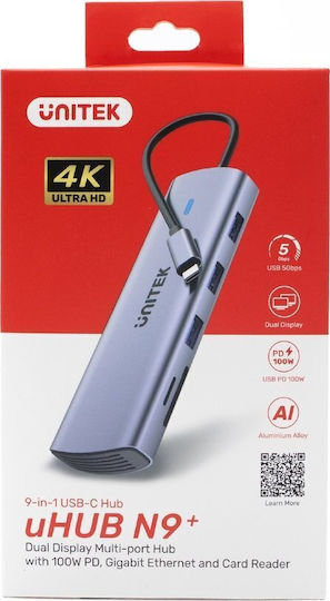 Unitek D1113A USB-C Docking Station με HDMI 4K PD Ethernet Γκρι