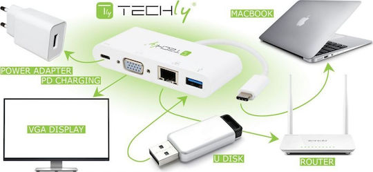 Techly USB-C / USB-A Docking Station με 4K PD Ethernet Λευκό (IADAP USB31-DOCK2)