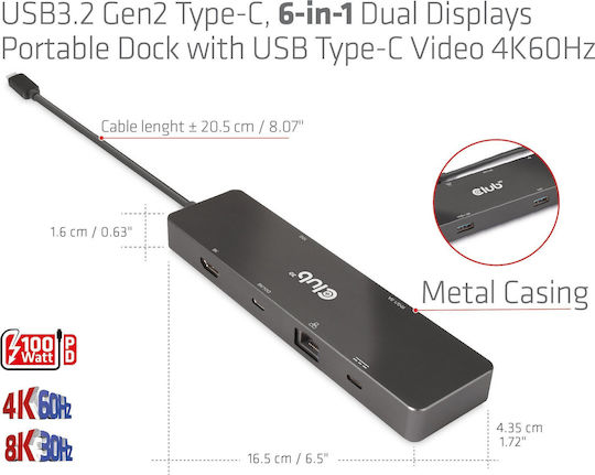 Club3D USB-C Stație de andocare cu HDMI 4K PD Ethernet și conexiune 2 monitoare Negru (CSV-1584)
