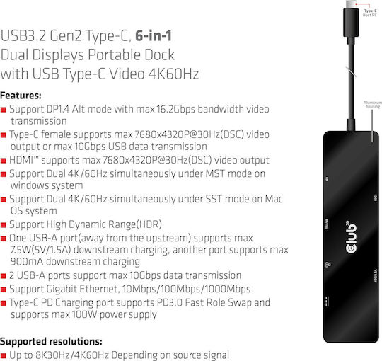 Club3D USB-C Stație de andocare cu HDMI 4K PD Ethernet și conexiune 2 monitoare Negru (CSV-1584)