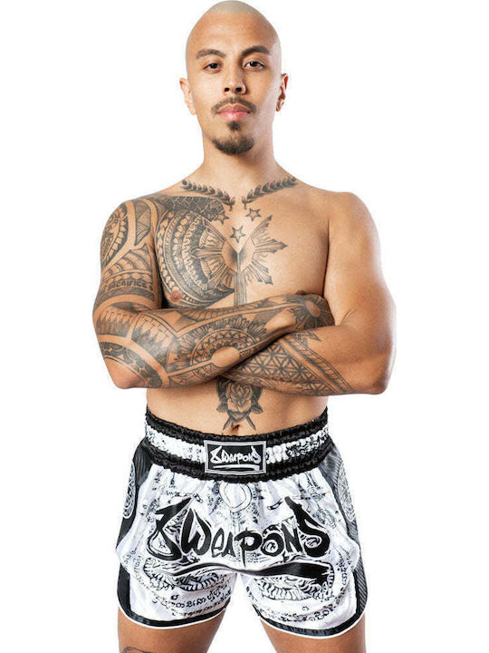 Muay Thai Shorts 8 Weapons Carbon Sak Yant Tigers White