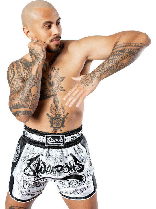 Σορτσάκι Muay Thai 8 Weapons Carbon Sak Yant Tigers White