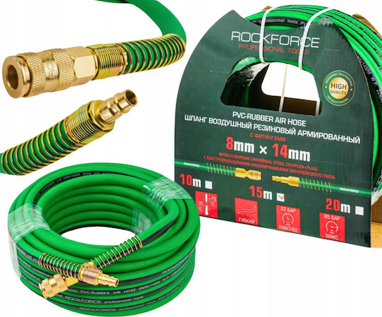 Rockforce Reinforced Pneumatic Rubber Hose 8mm X 15m Quick Couplers