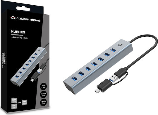 Conceptronic USB Хъб с 7 Порта USB 3.0 с Връзка USB-A / USB-C Сребрист