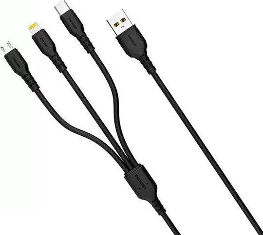 Denmen Denmen D05E Braided USB to Lightning / Type-C / micro USB 1m 2.4A Cable Black Velvet-Black Metal