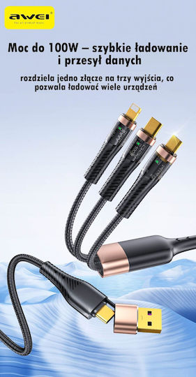 Awei LED / Braided USB to Type-C / Lightning Cable 2A Μαύρο 1.5m (CL-228)