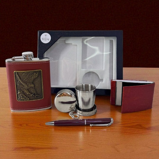 Vlv Men's 4-piece Set Flask Foldable Metal Cup Wallet Metal Pen Brown
