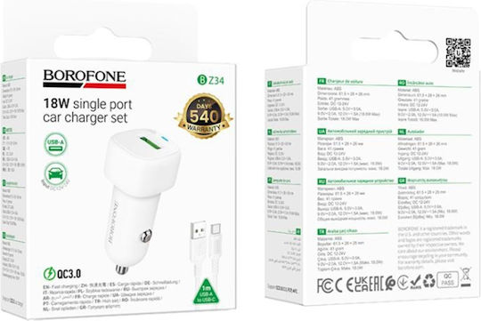 Borofone Auto-Ladegerät 18W 3A Schnellladung mit einem Anschluss: 1xUSB mit Kabel Typ-C,TC-TC Weiß Farbe