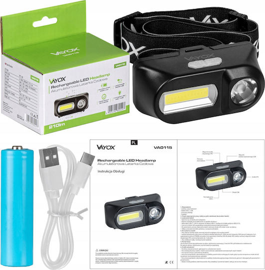 Vayox Stirnlampe LED mit maximaler Helligkeit 250lm Schwarz