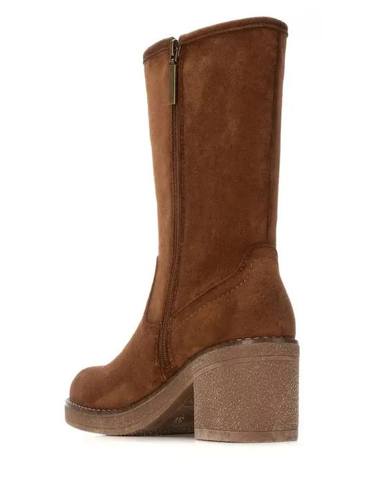 Synthetic Leather Medium Heel Women's Boots Brown