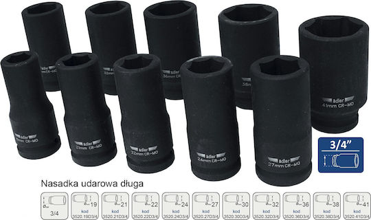 Adler Pneumatic Long Socket with Frame Host 3/4" HEX Diameter 3/4" / 36 / 19 / 21 / 22 / 24 / 27 / 30 / 32 / 38