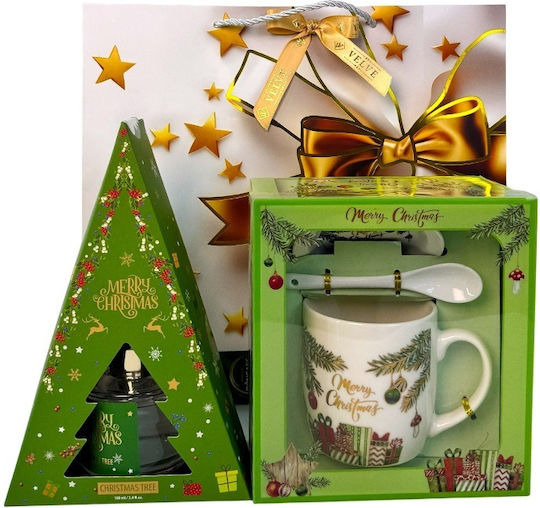 Pachet De Bucurie De Crăciun Odorizant De Cameră Set Ceramică Cană Farfurie Lingură În Sac Cadou Verde