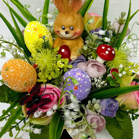 Aranjament Floral De Paște Decor Iepure 3 Ouă Decorative Plante Verzi Trandafiri Artificiali Crini De Vale În Cutie Rotundă Neagră