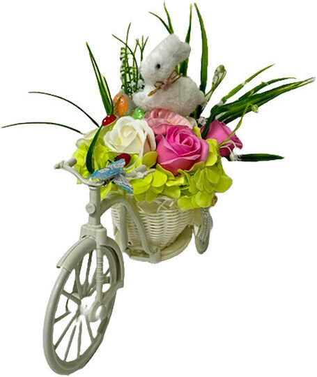 Aranjament Floral De Paște Iepuraș Decorațiune 3 Ouă Decorative Trandafiri Maci Săpun Hortensii Artificiale Crini De Vale În Coș Pe Suport De Bicicletă