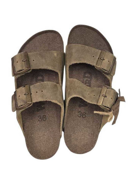 Leather Women's Flat Sandals Khaki