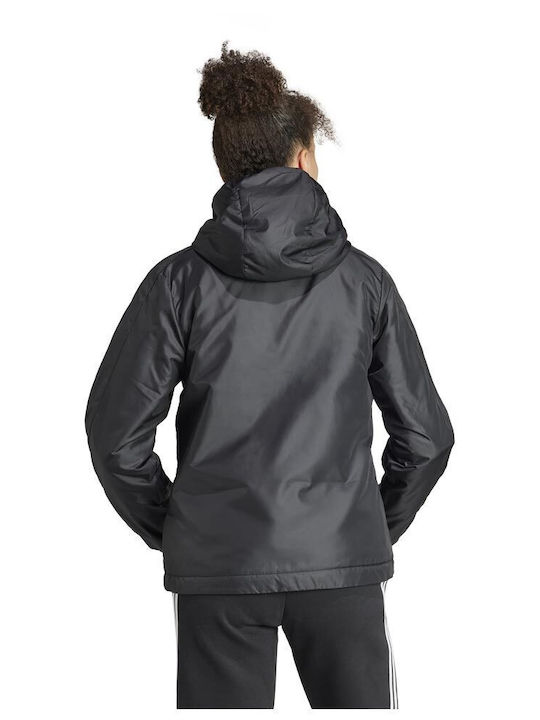 Essentials 3-Stripes Insulated Women's for Hiking Short Sports Jacket for Spring or Autumn with Hood Black